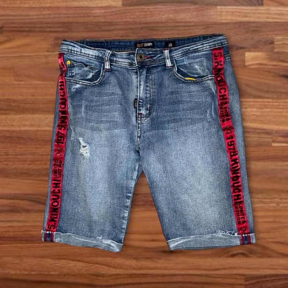 Dust Denim Men’s Blue Distressed Denim Shorts Red Side Tape Streetwear Size 30